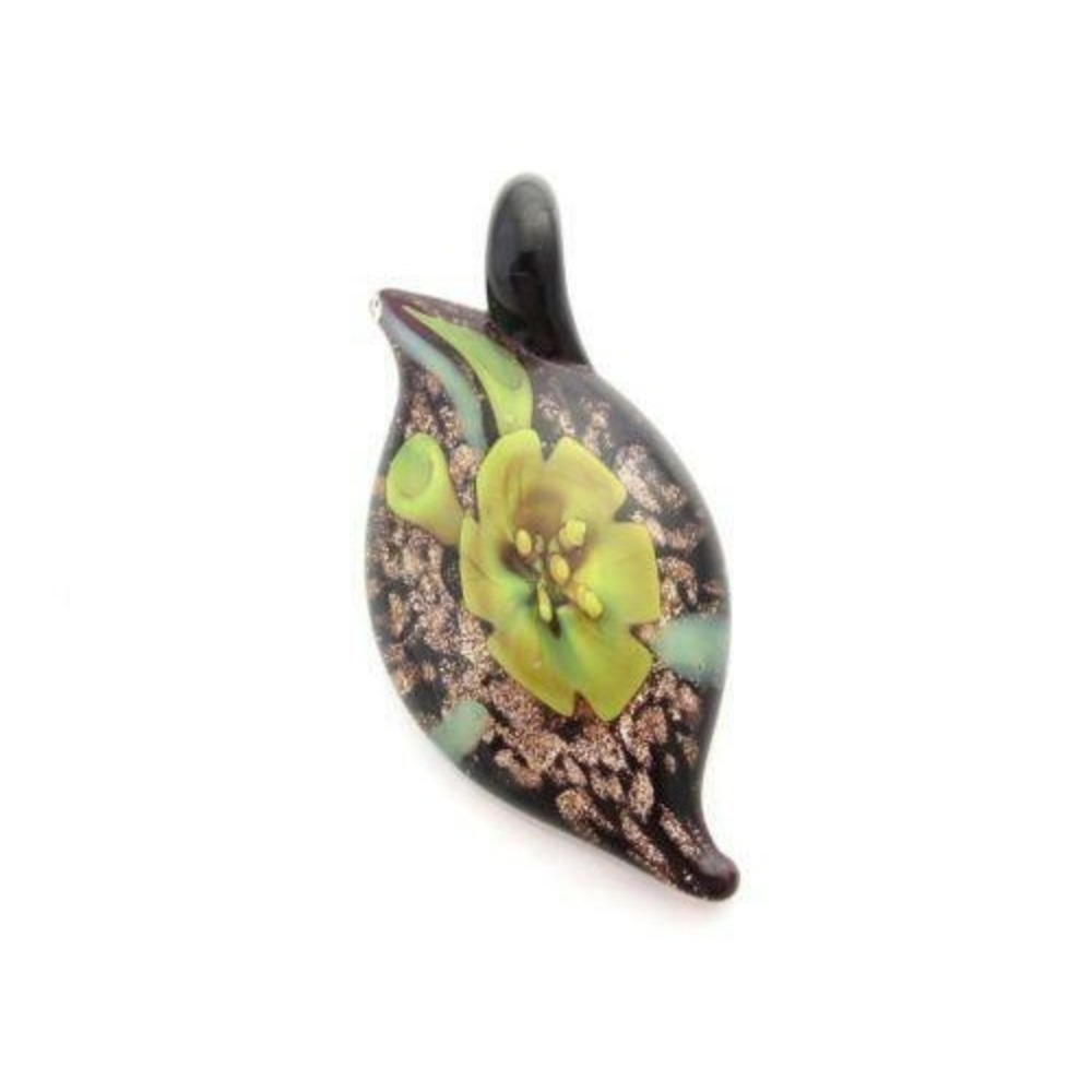 Hand Blown Glass Yellow Flower Copper Glitter‎ In Eye Shaped Artisan Pendant